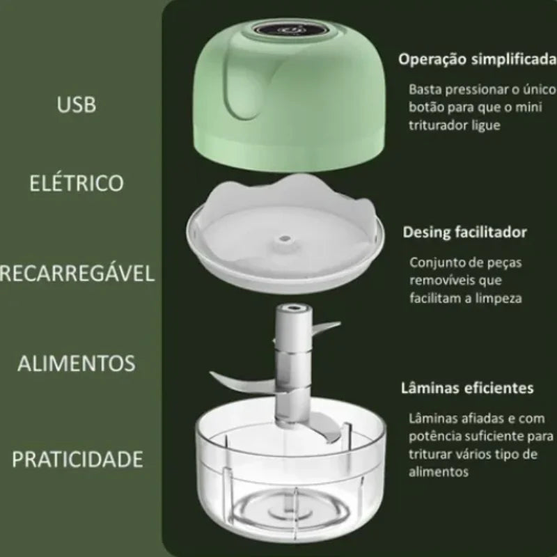 MINI PROCESSADOR ELÉTRICO DE ALIMENTOS PORTÁTIL COM 3 LÂMINAS DE AÇO INOX