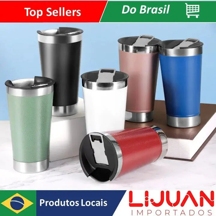 COPO TÉRMICO 473ML COM TAMPA ABRIDOR INOX + FRETE GRÁTIS